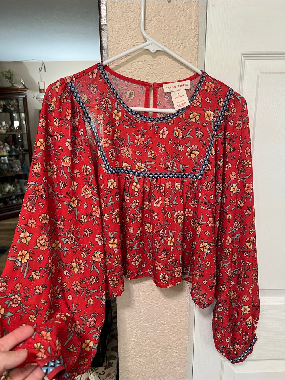 Flying Tomato Medium Red Floral Peasant Top with Embroidered Yoke
